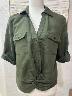 INC International Concepts Olive Green Knot-Front Button Shirt 👕 size SM New!